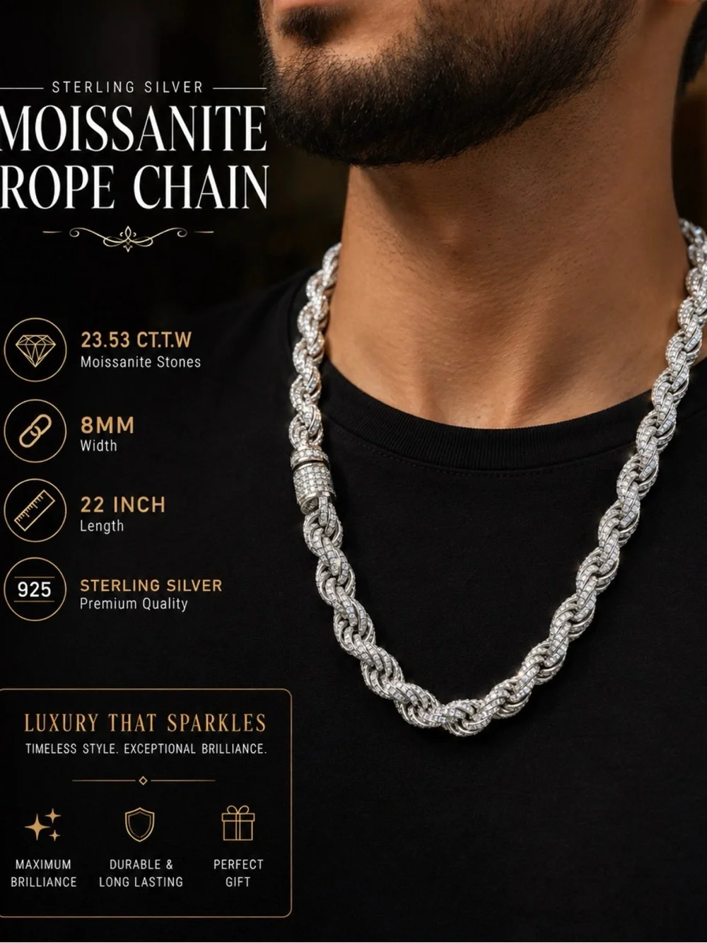Sterling Silver Moissanite Rope Chain Necklace - White